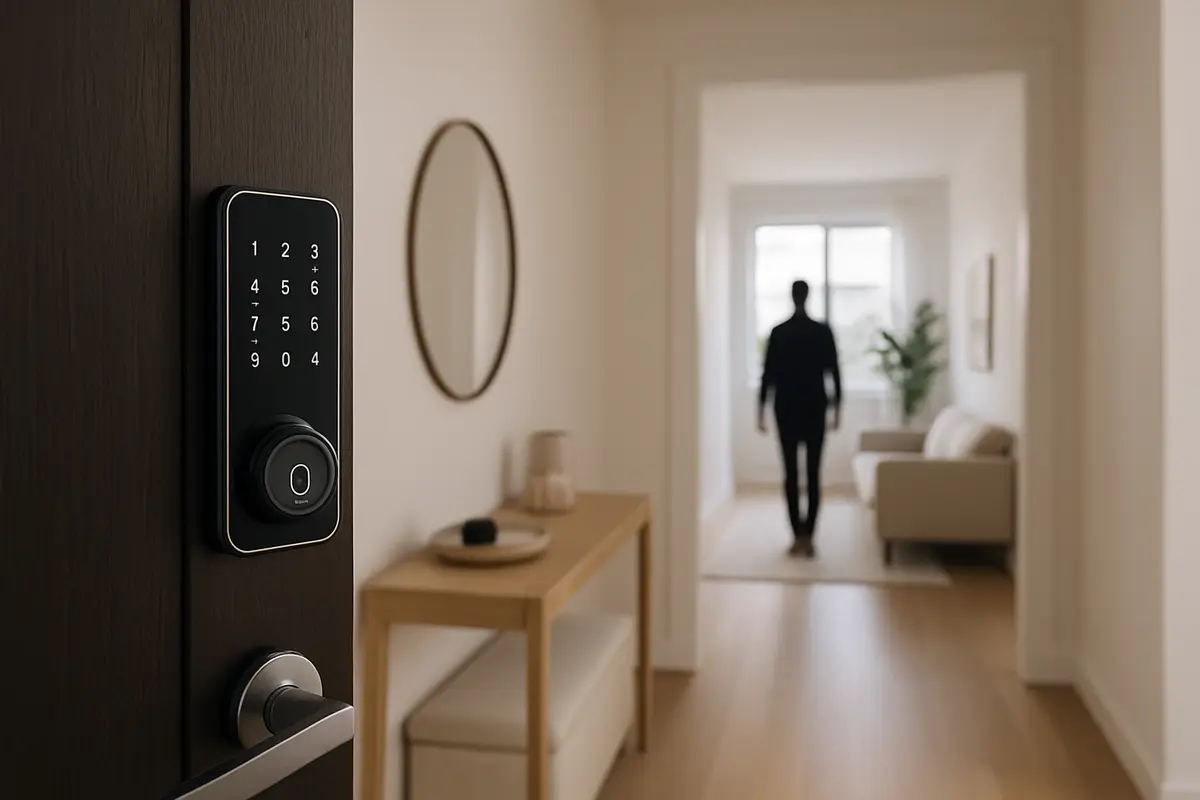 Porta de entrada em apartamento moderno com fechadura digital touch na área externa do hall