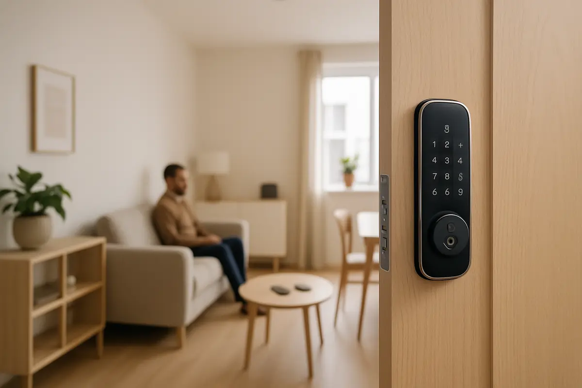 Porta de entrada de apartamento moderno com fechadura digital instalada