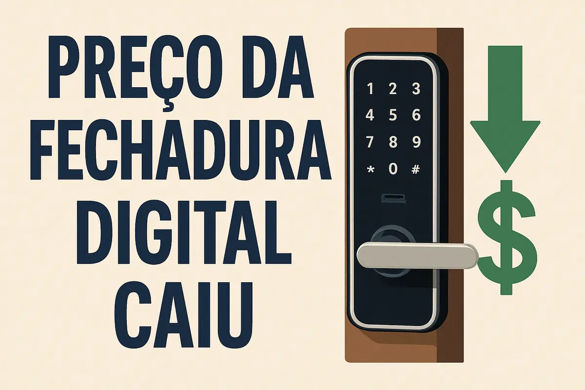 Fachada de casa moderna ao entardecer com fechadura digital na porta principal