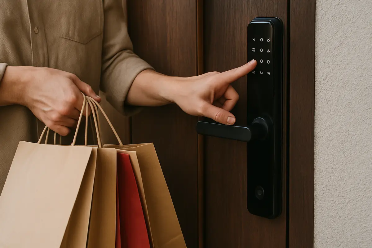 Pessoa com as mãos ocupadas segurando sacolas tentando abrir porta residencial com fechadura digital
