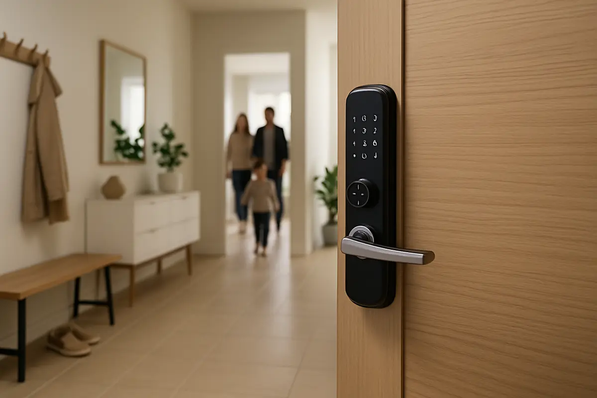 Entrada de apartamento moderna com porta equipada por fechadura digital e hall com móveis minimalistas e plantas