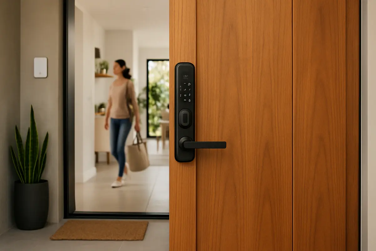 Porta de madeira elegante de residência moderna com fechadura digital simples e econômica