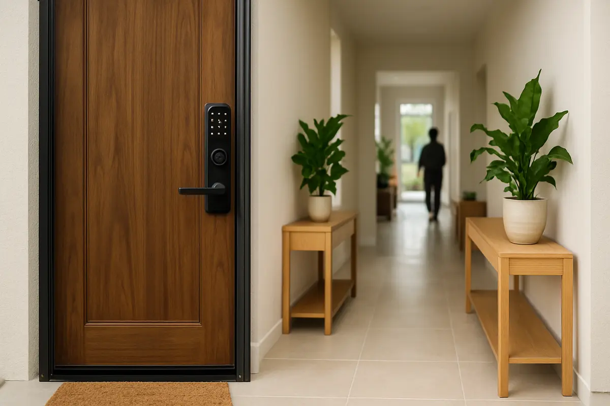 Entrada de residência moderna com porta principal e fechadura digital visível ao centro