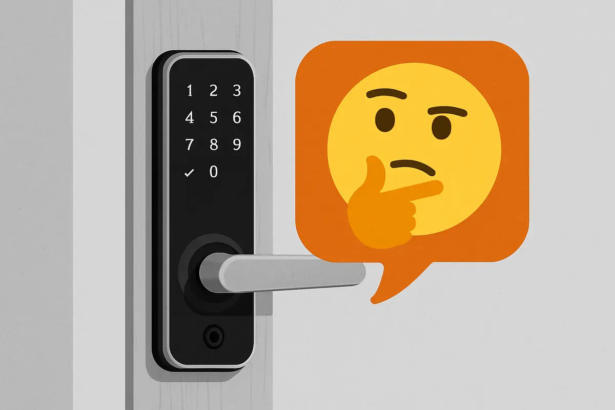 Família sorridente olhando para fechadura digital moderna na porta de casa contemporânea