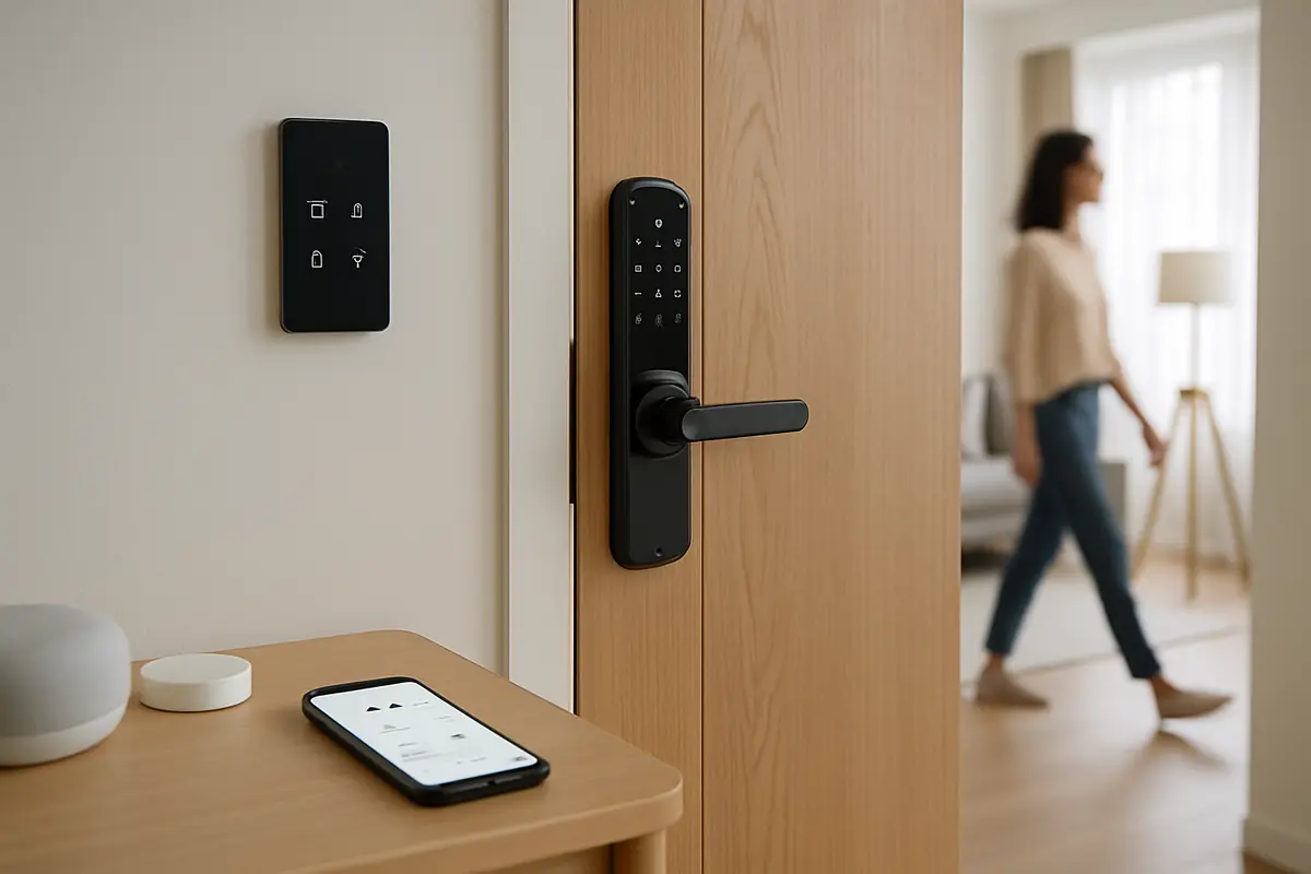 Porta entrada residencial moderna com fechadura digital e painel controle