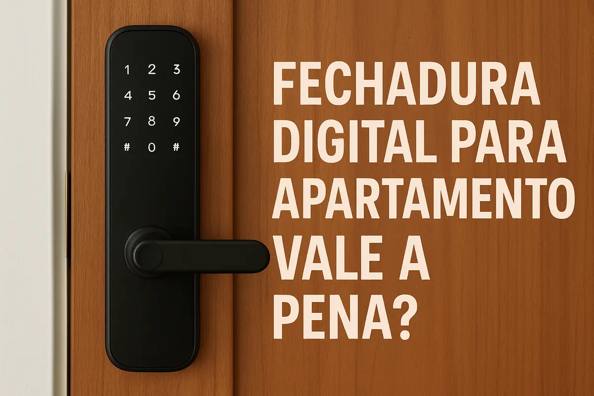 Mão moderna tocando fechadura digital preta com display iluminado em porta de apartamento contemporâneo