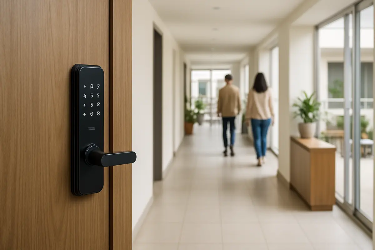 Porta de apartamento moderno com fechadura digital em destaque em condomínio residencial iluminado