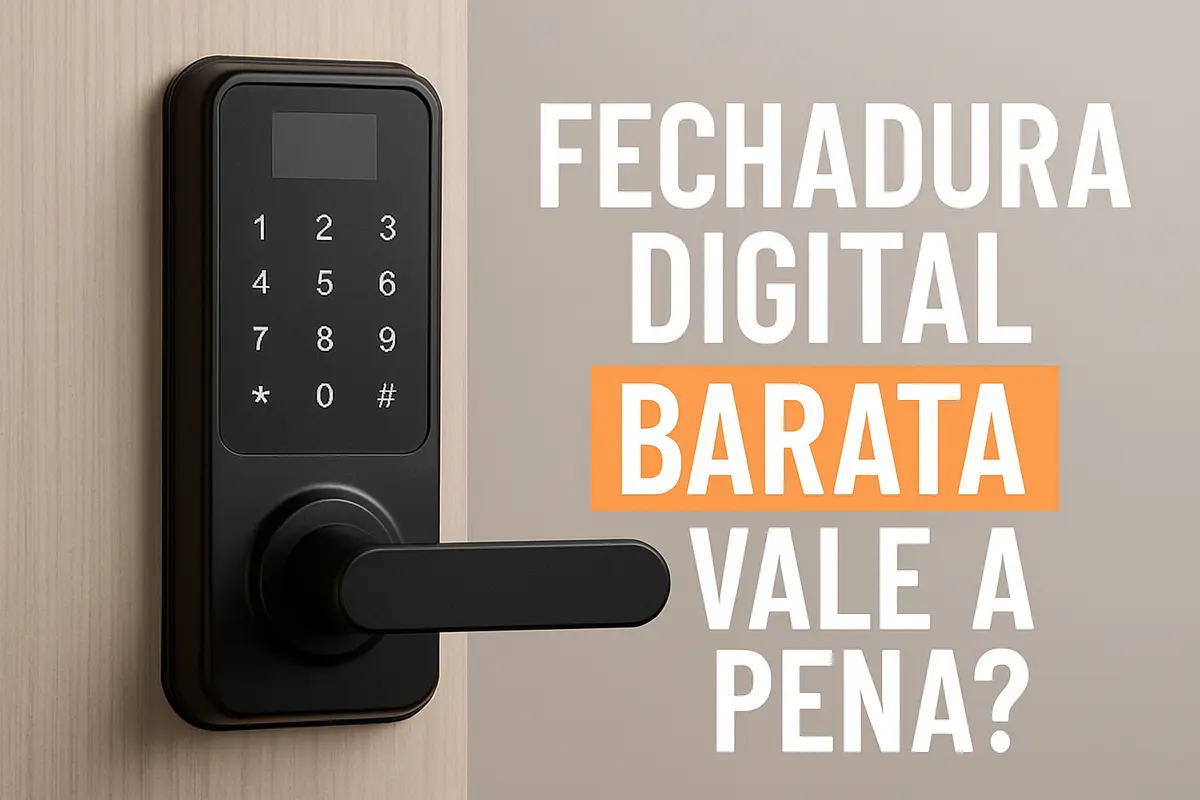 Mão segurando fechadura digital moderna instalada em porta de madeira clara