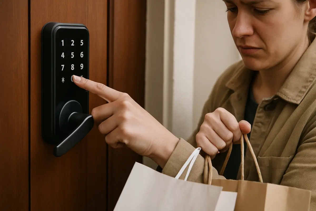 Mão segurando sacolas enquanto digita senha em fechadura digital simples na porta residencial