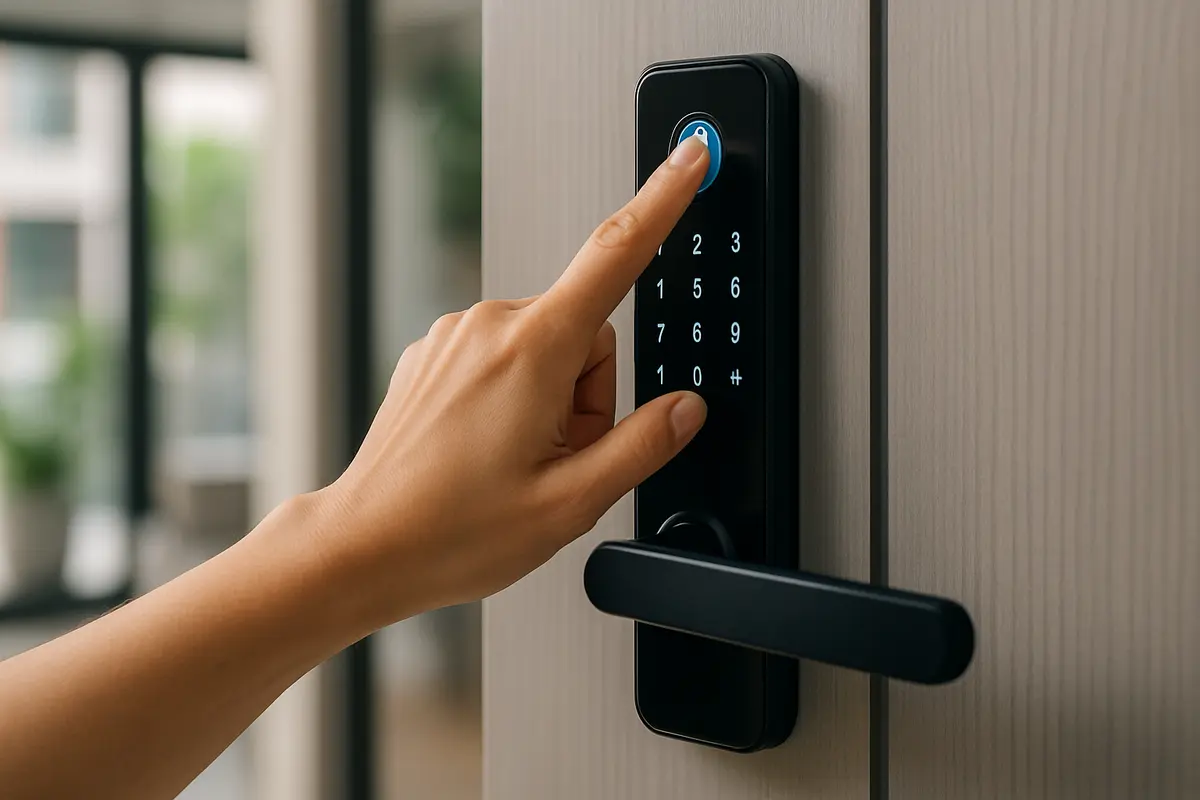 Mão feminina utilizando biometria na fechadura digital preta instalada em porta de condomínio moderno