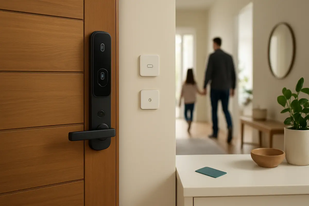 Porta principal de residência contemporânea com fechadura digital biométrica e dispositivo eletrônico ao lado