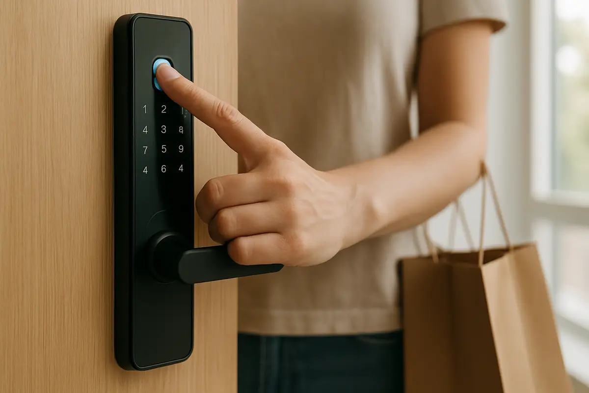 Mão feminina inserindo dedo em fechadura digital biométrica com painel moderno fosco em porta de madeira clara