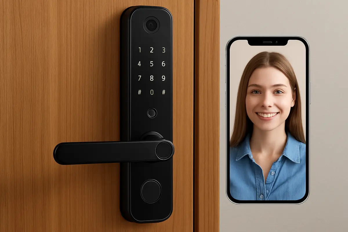 Fechadura digital com câmera integrada em porta moderna residencial