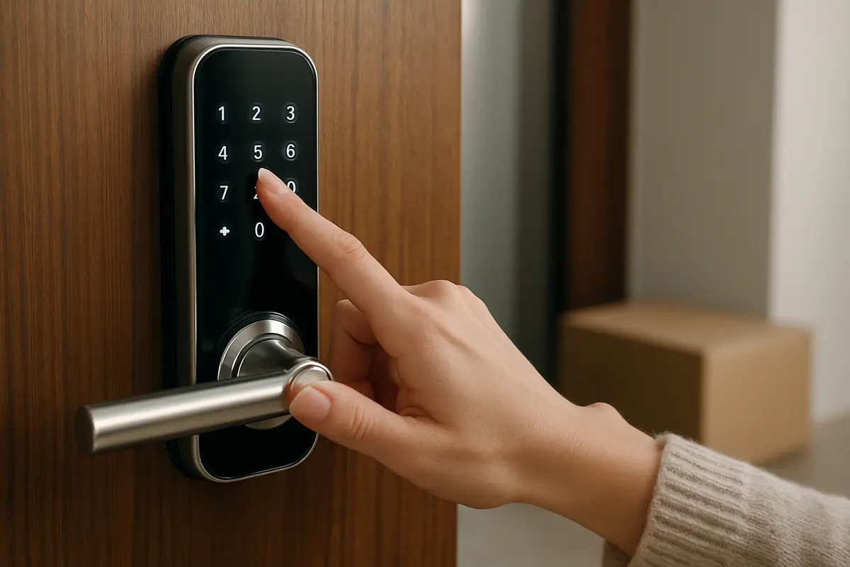 Mão feminina ajustando a tela touchscreen de uma fechadura digital moderna instalada em porta residencial