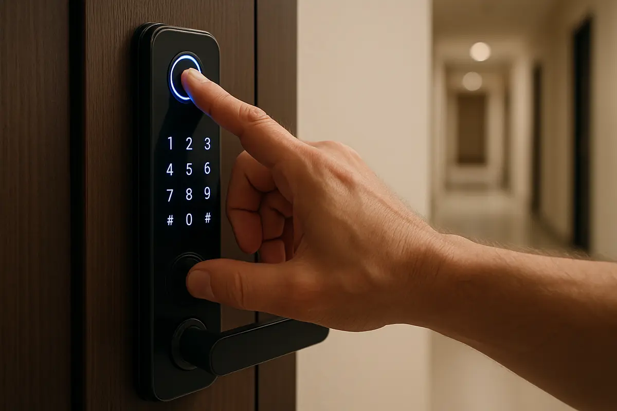 Mão adulta usando fechadura digital com biometria em porta de condomínio