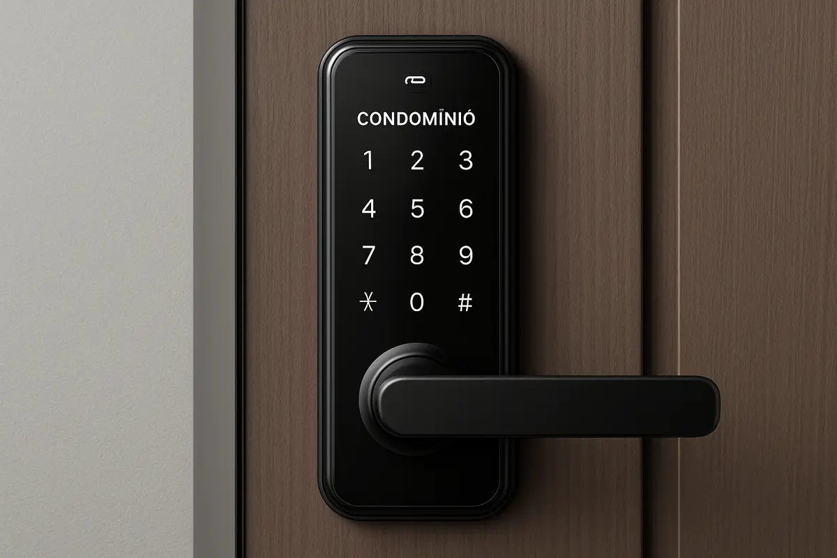 Fechadura digital moderna com teclado touch e iluminação LED instalada em porta de condomínio residencial