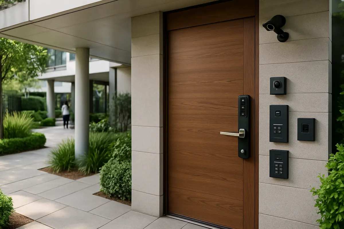 Entrada ampla de condomínio moderno com porta principal equipada com fechadura digital e sistema de controle de acesso