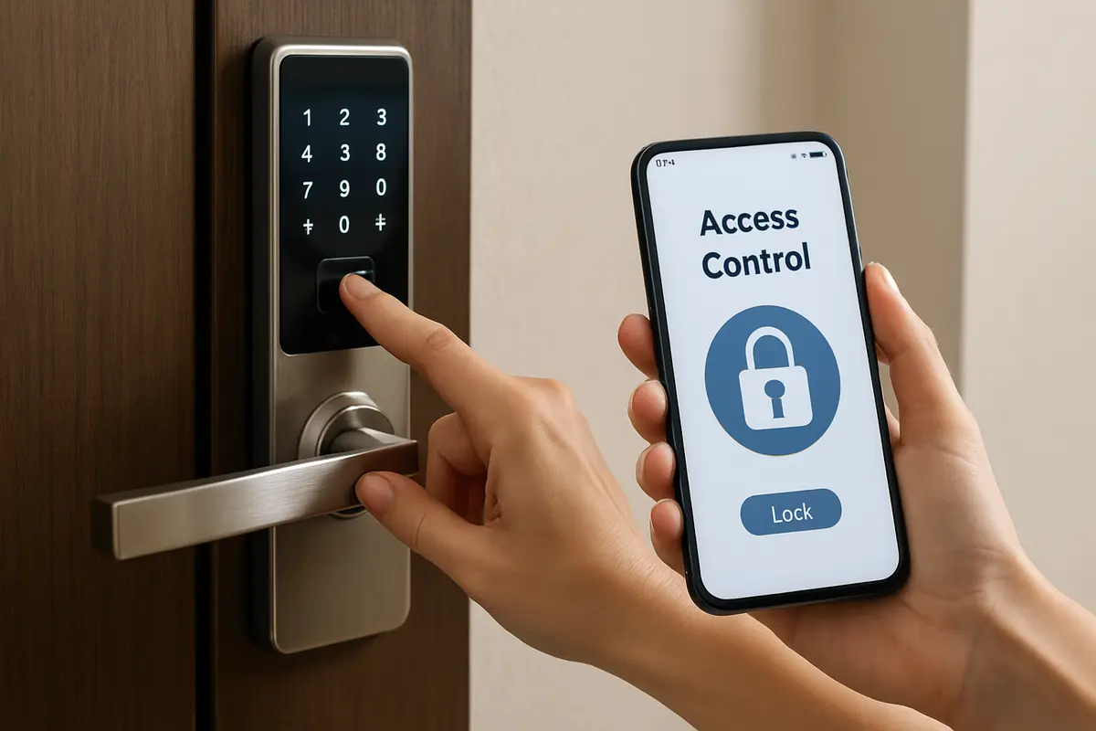 Mão feminina interagindo com fechadura digital moderna com teclado numérico iluminado enquanto outra mão segura smartphone com aplicativo de controle de acesso