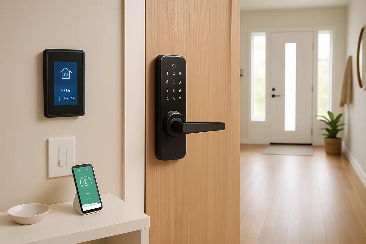 Ambiente interno de entrada residencial moderno com porta principal e fechadura digital em destaque