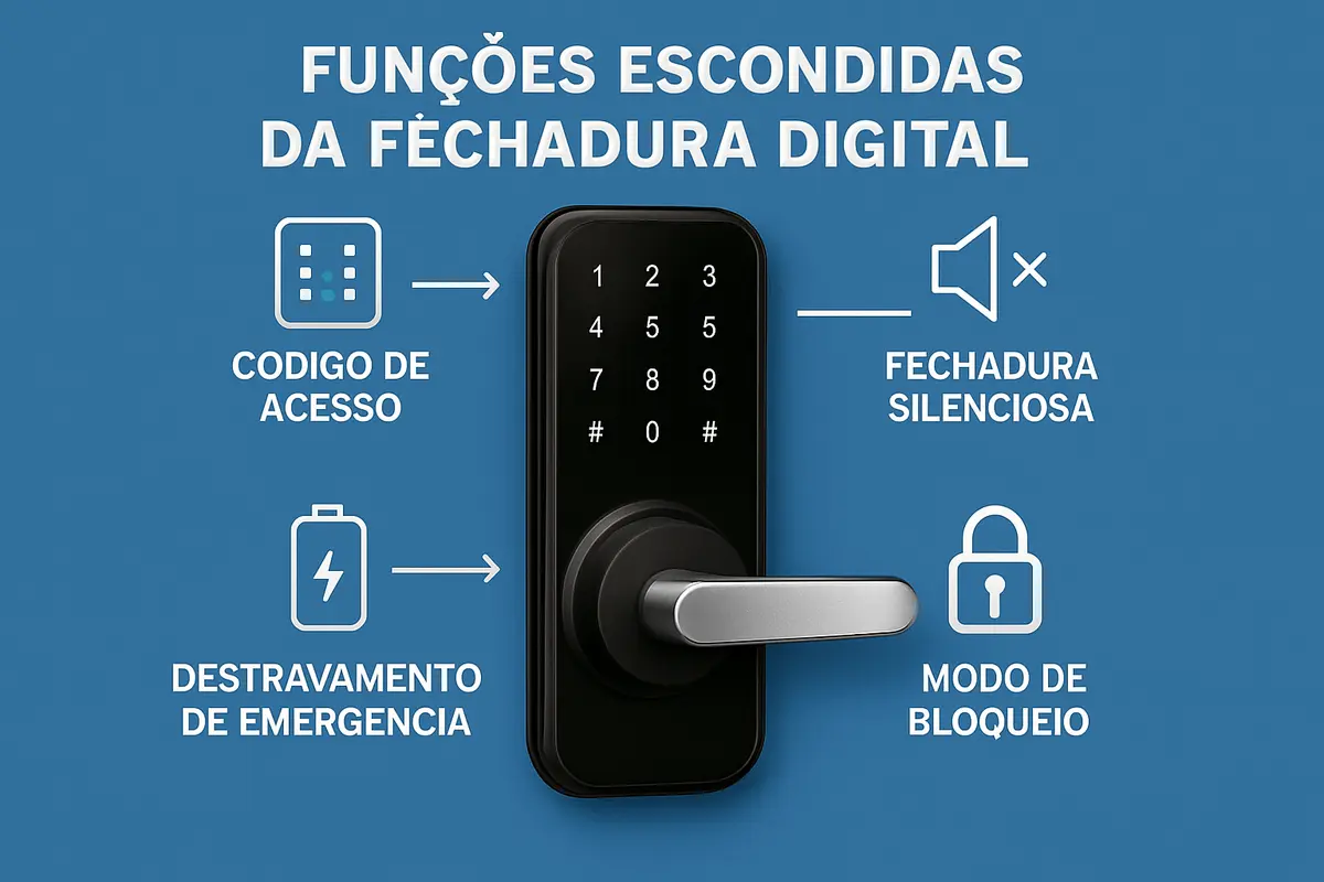 Fechadura digital moderna em close com botão oculto iluminado