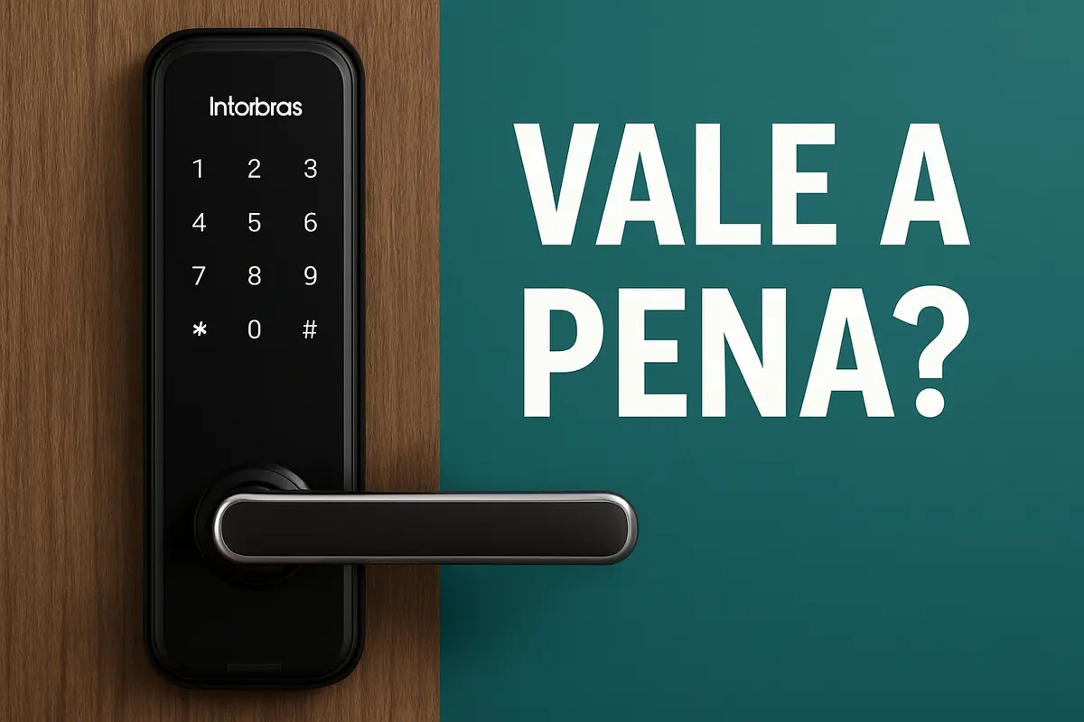 Fechadura digital Intelbras em close mostrando detalhes tecnológicos e design moderno com prateleiras de loja vazias ao fundo