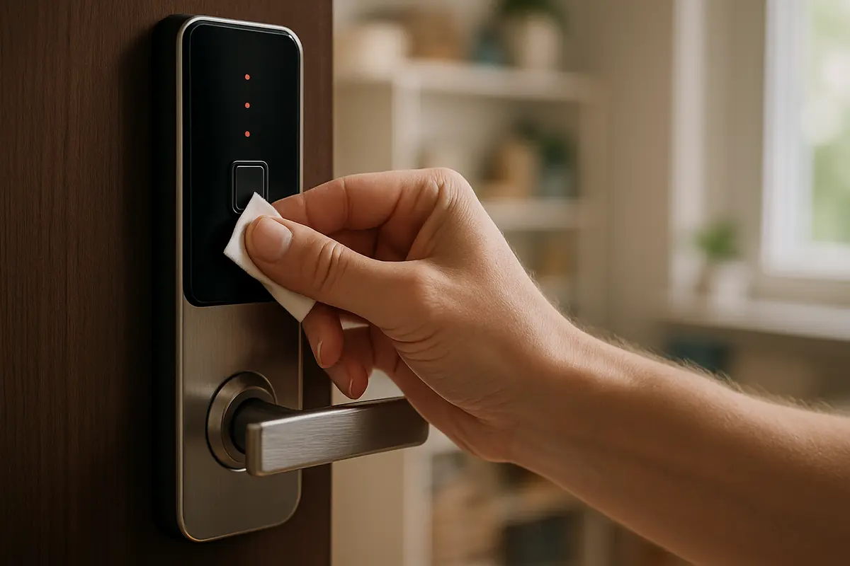 Mão adulta limpando sensor biométrico de fechadura digital moderna numa porta residencial