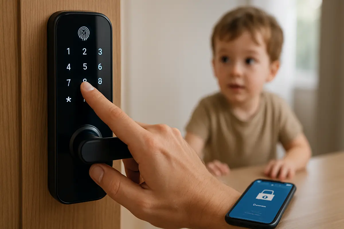 Mão adulta tocando painel touchscreen de fechadura digital com ícones biométricos e teclado numérico em porta residencial