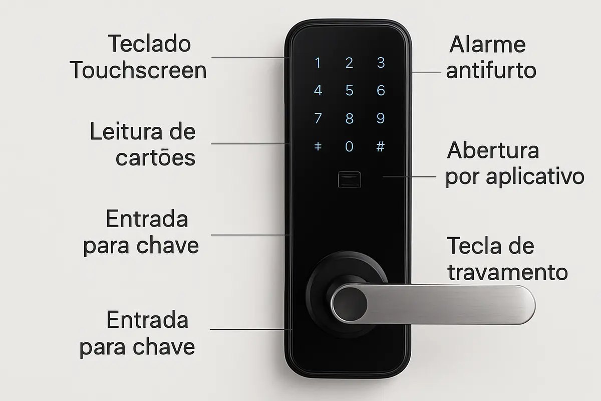 Fechadura digital instalada em porta de madeira clara com dedo prestes a tocar teclado numérico iluminado