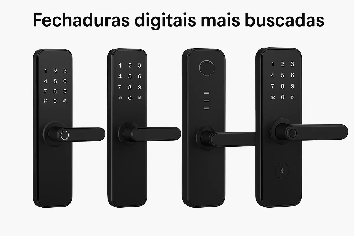 Fechadura digital moderna com superfície metálica instalada em porta de madeira clara