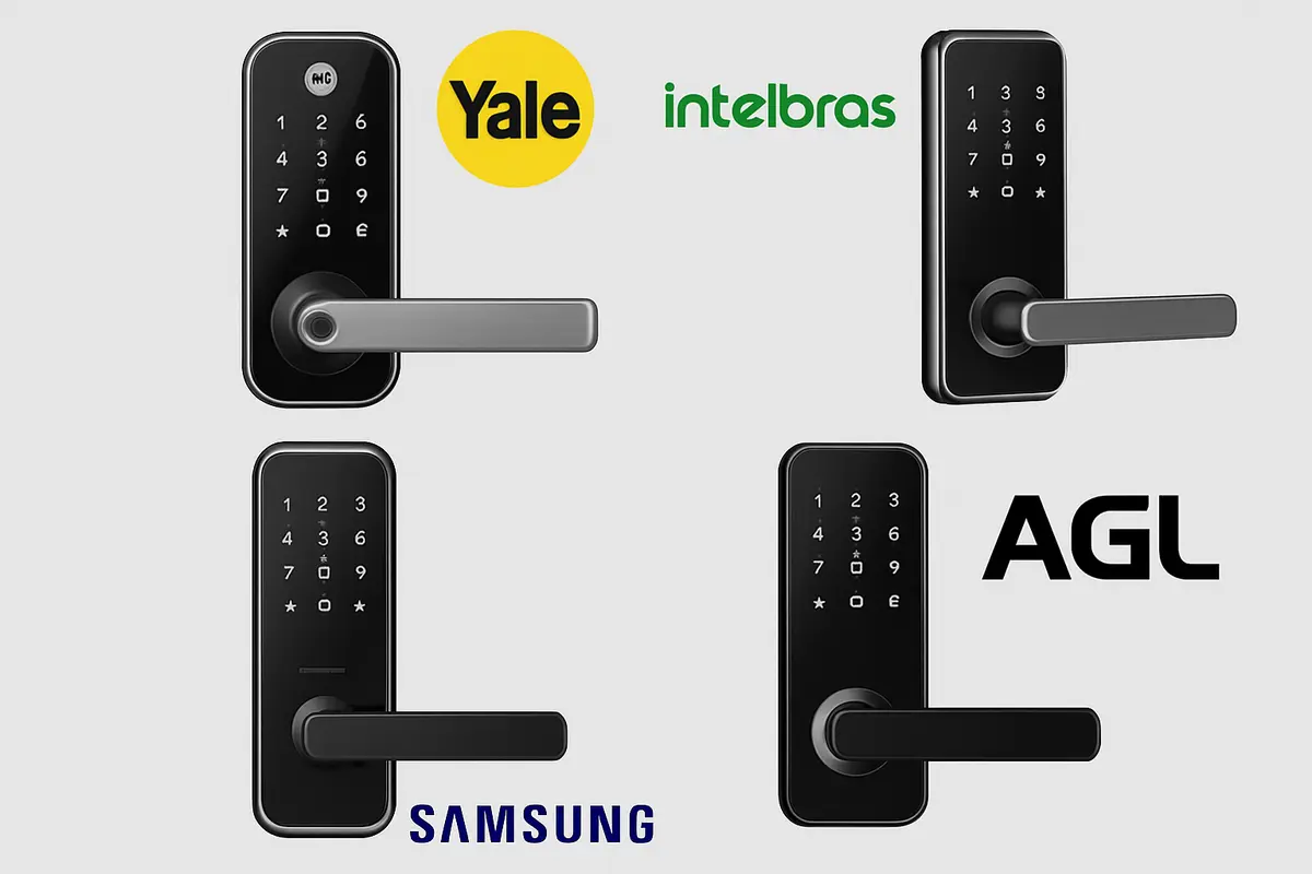 Fechadura digital moderna em porta residencial elegante com detalhes em metal escovado