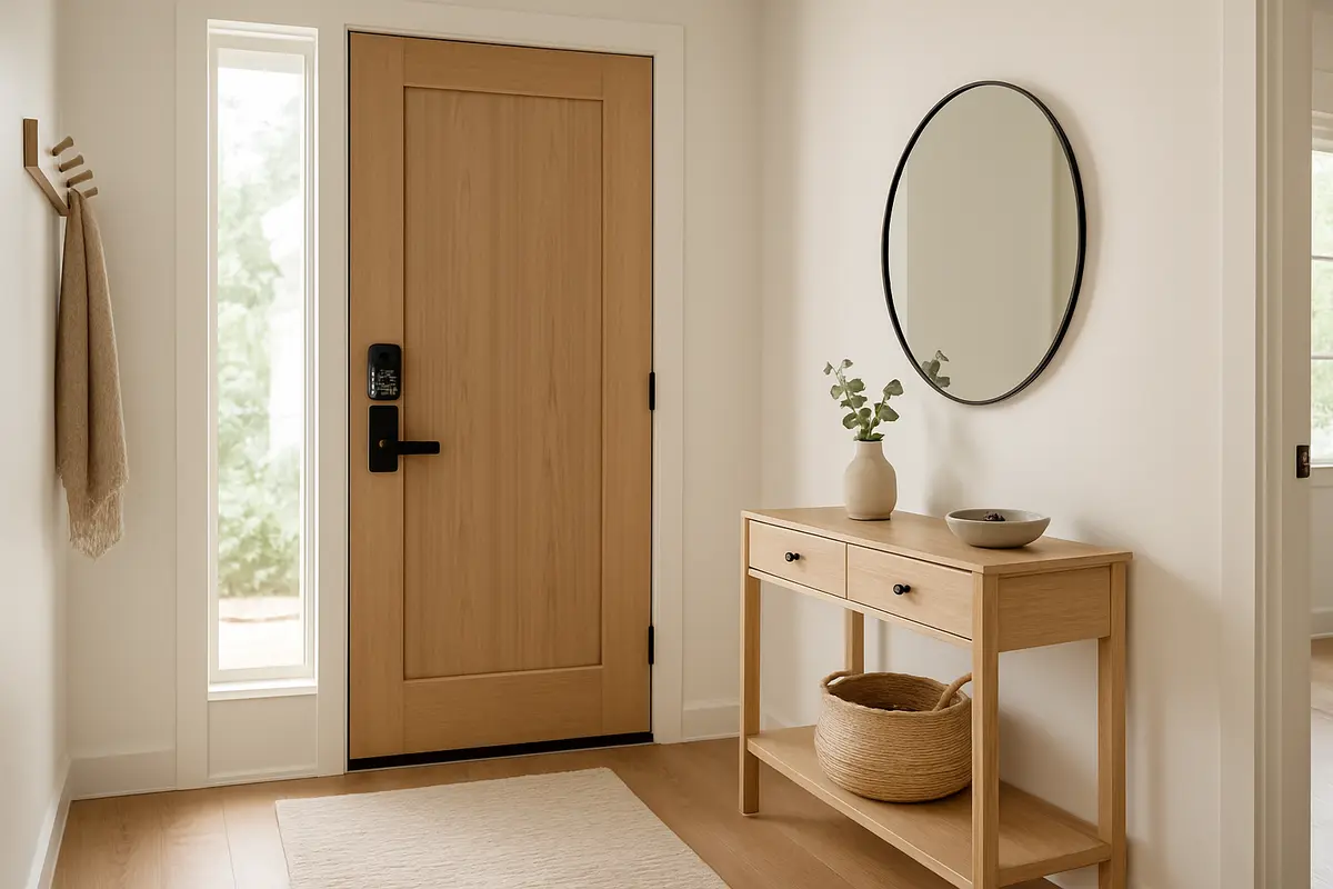 Entrada residencial moderna com porta principal contendo fechadura digital visível e móvel auxiliar ao lado