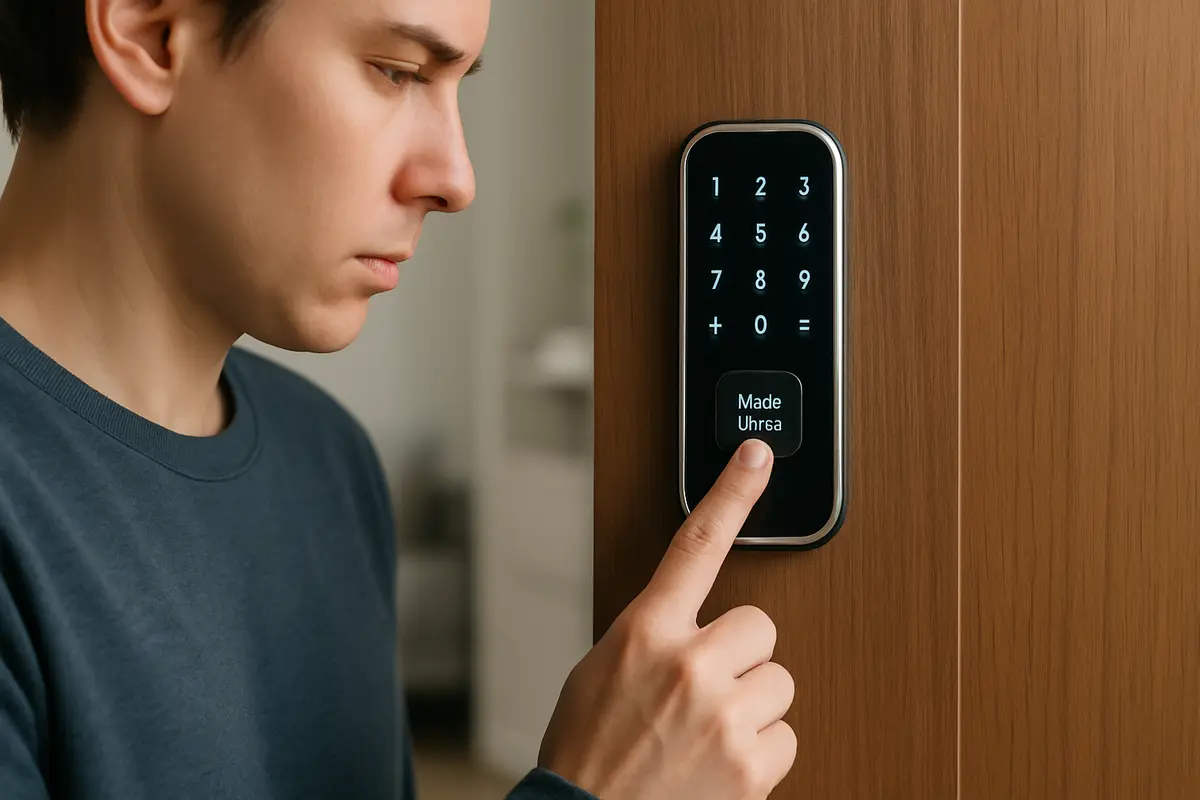 Pessoa ativando o modo visita na fechadura digital em porta de madeira com toque na tela