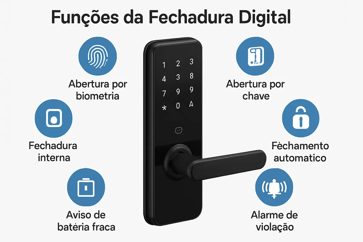 Fechadura digital moderna com painel touch iluminado instalada em porta de madeira