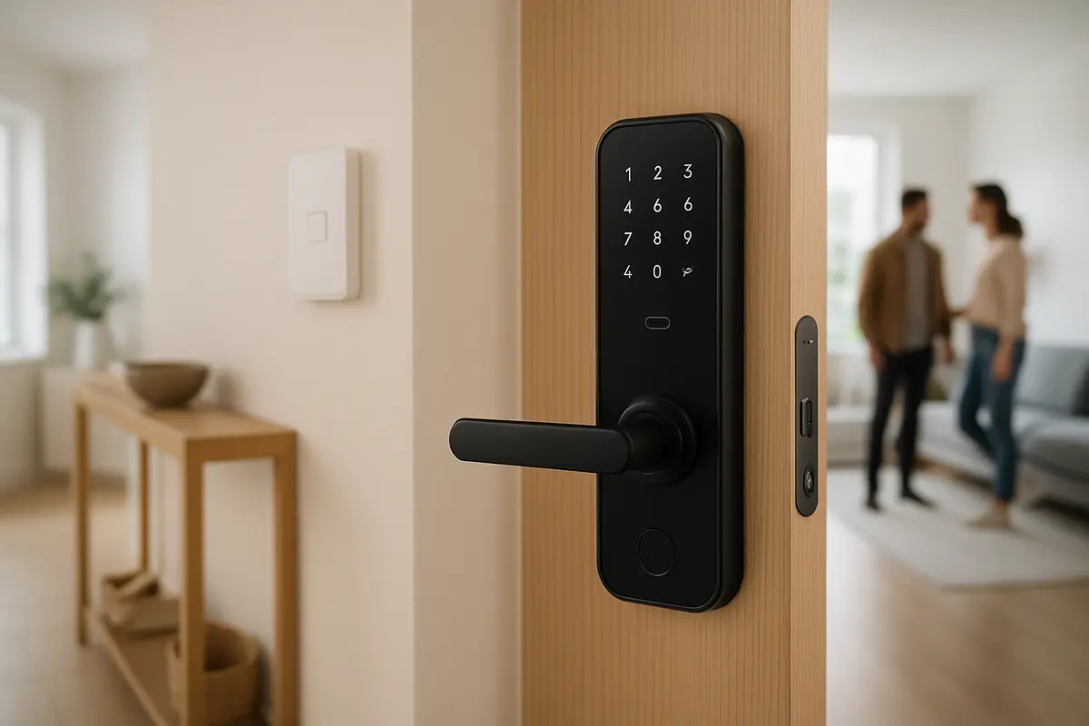 Fechadura digital moderna instalada em porta principal de apartamento com painel de controle na parede próxima