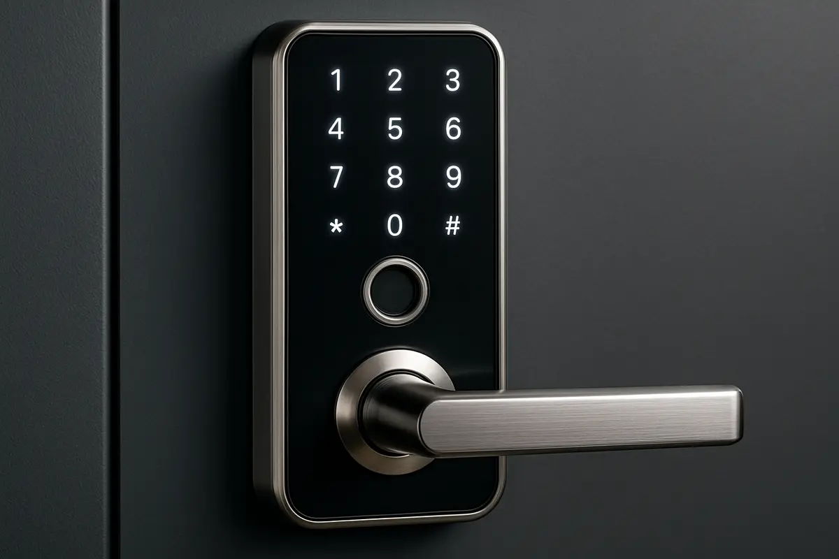 Fechadura digital moderna com tela touch instalada em porta de madeira sofisticada