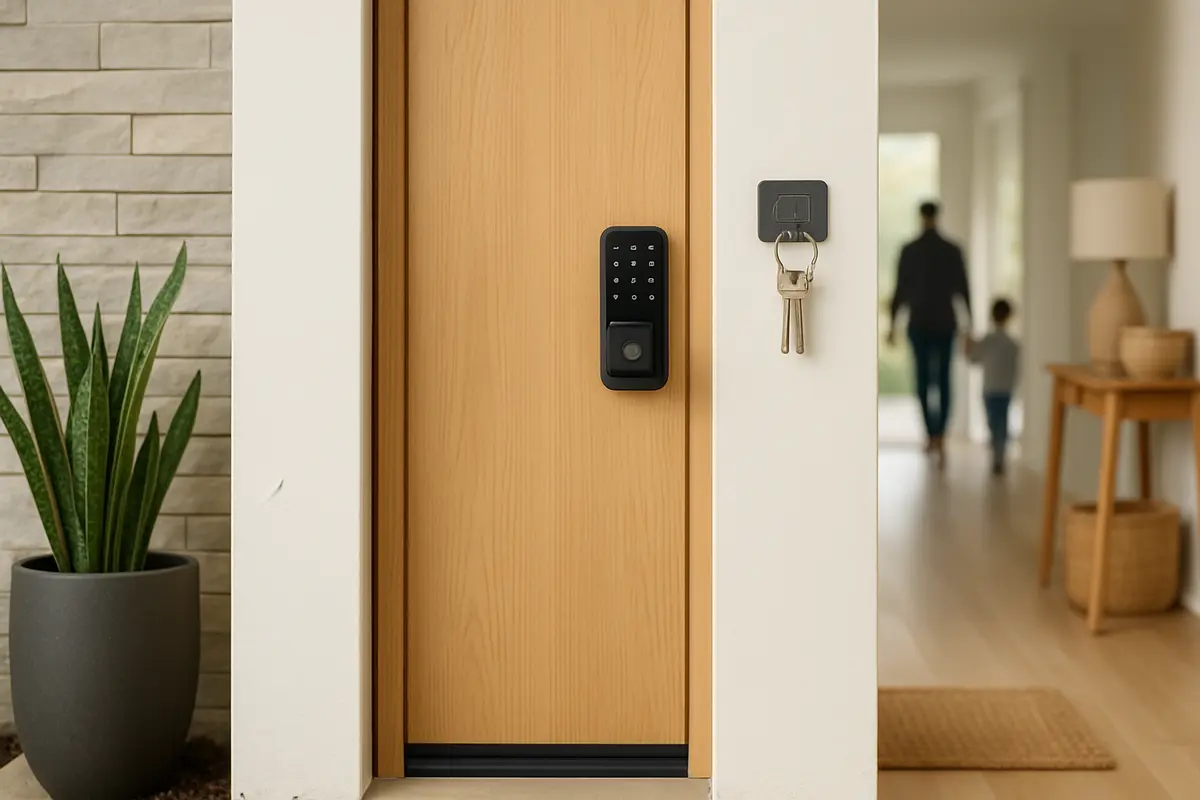 Porta de madeira clara com fechadura digital moderna instalada e painel tátil visível na entrada residencial organizada