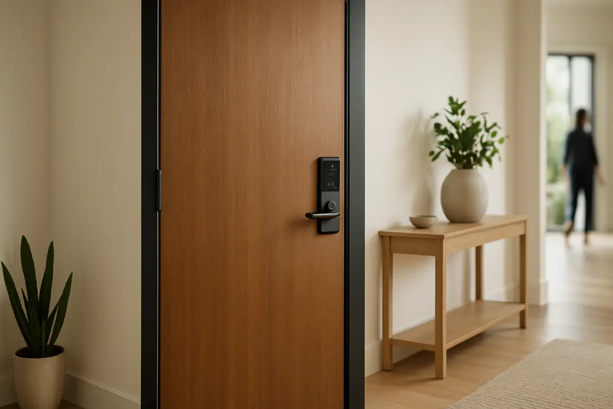 Porta principal moderna em ambiente interno com fechadura digital instalada na borda