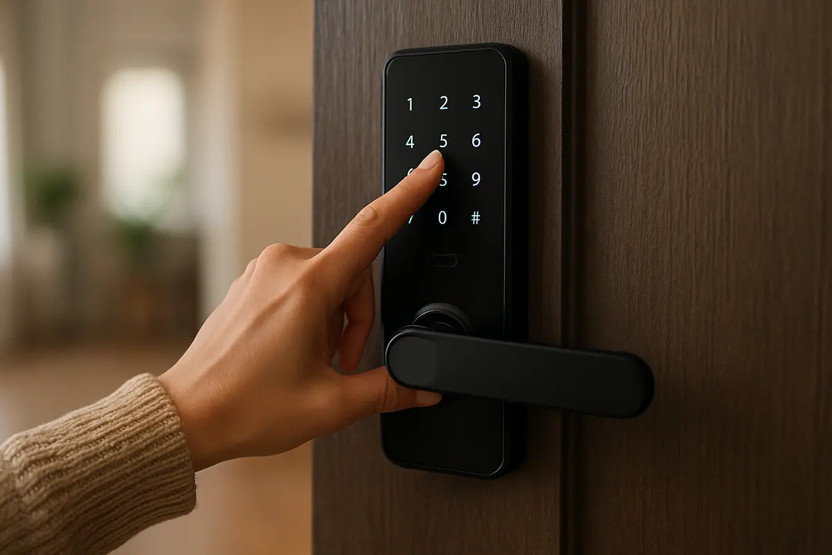 Mão feminina acionando fechadura digital moderna em porta residencial com tela iluminada