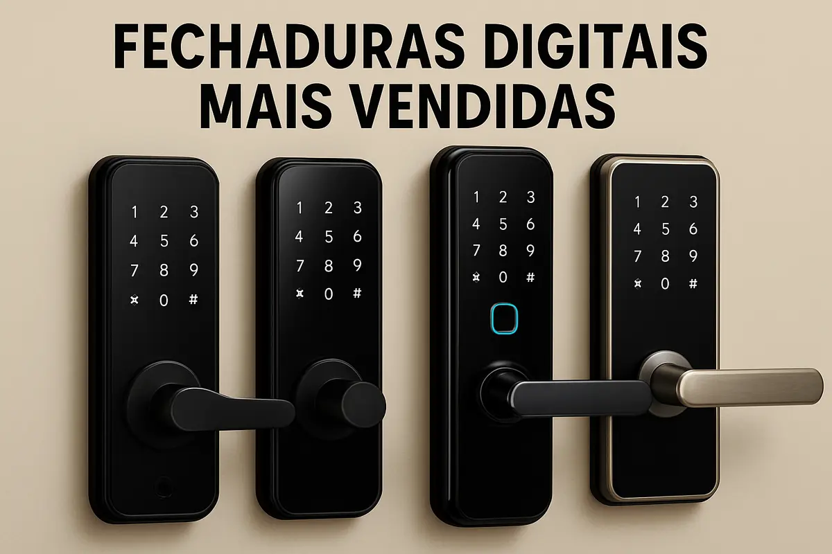 Fechadura digital moderna com interface touchscreen em porta de madeira clara