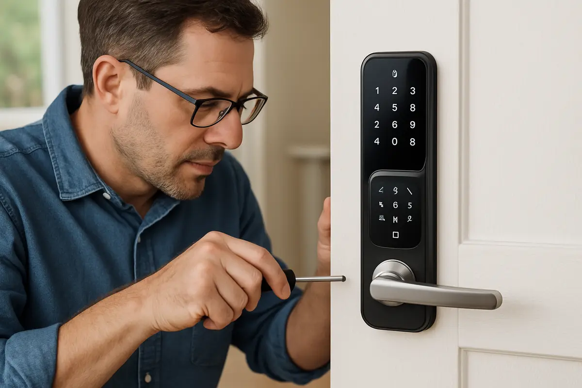 Mão masculina digita código em fechadura digital de porta moderna