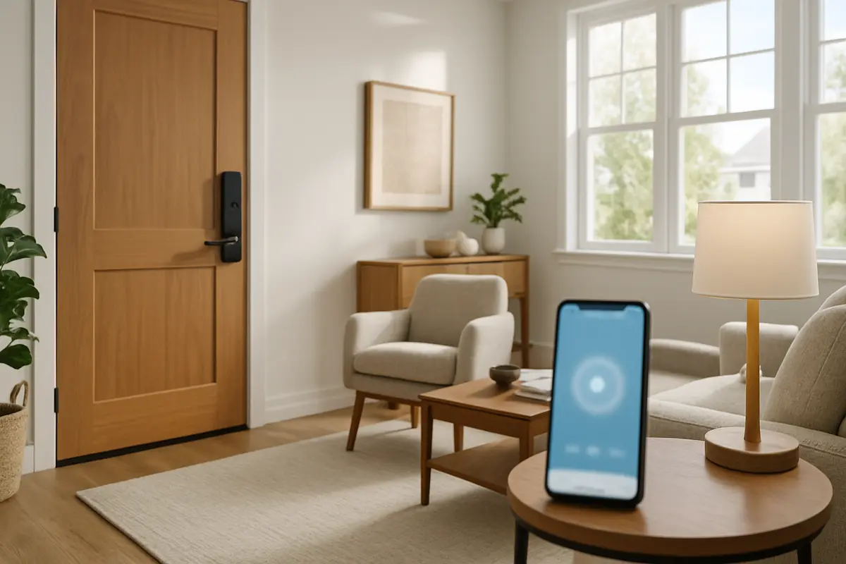 Porta de entrada com fechadura digital moderna em sala de estar ampla e organizada
