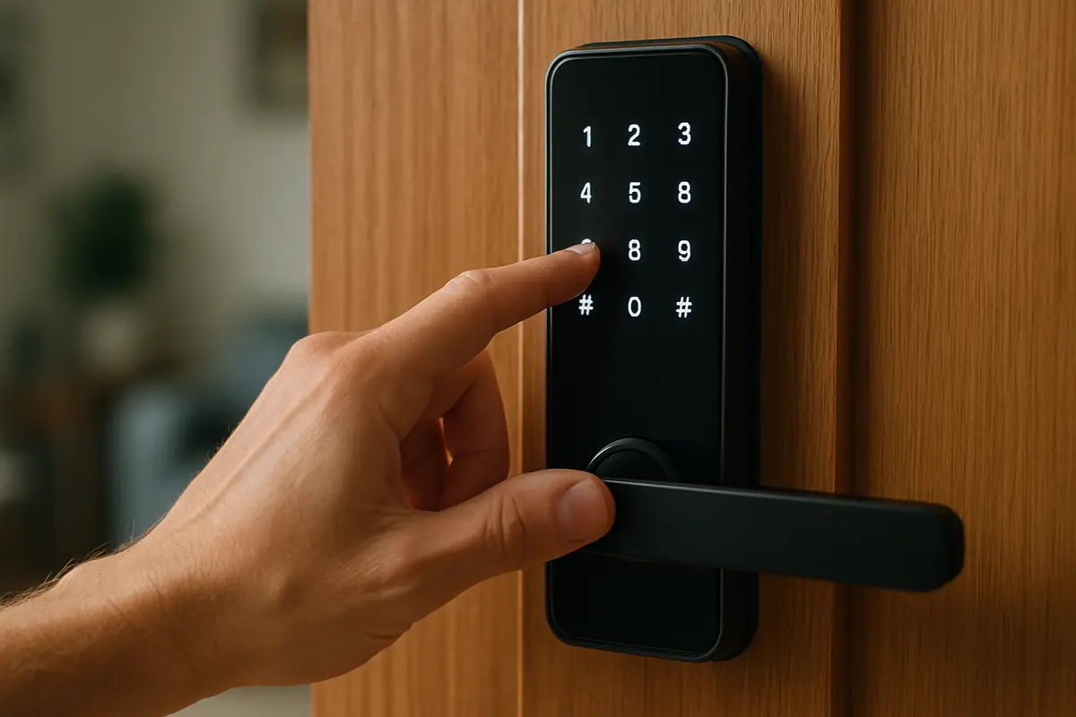Mão ajustando senha em fechadura digital moderna em porta de madeira