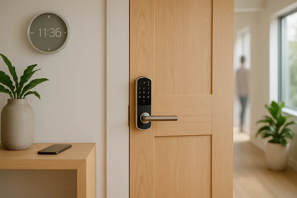 Porta de madeira clara com fechadura digital moderna instalada na maçaneta em ambiente interno residencial