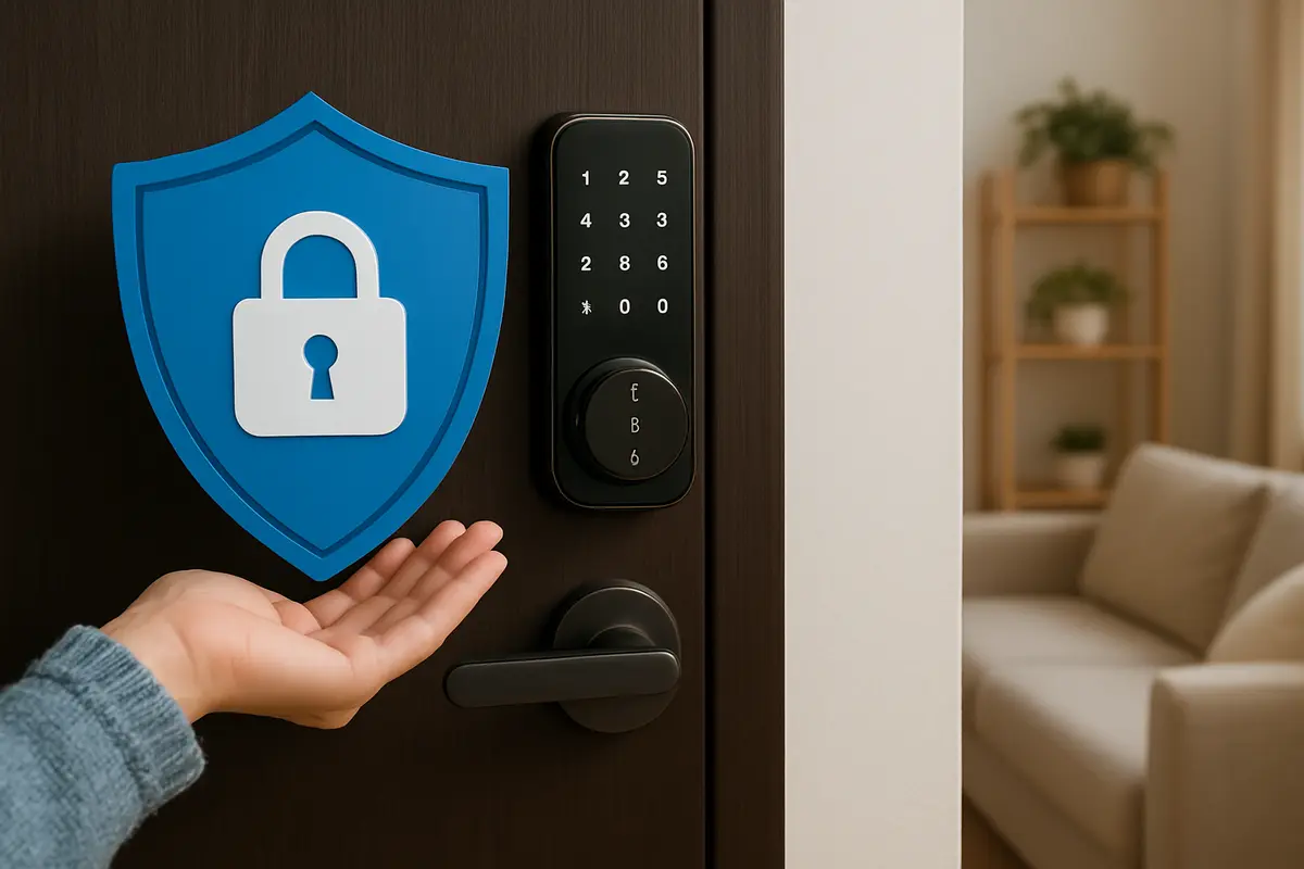 Mão adulta segurando smartphone próxima a porta com fechadura digital touch em casa