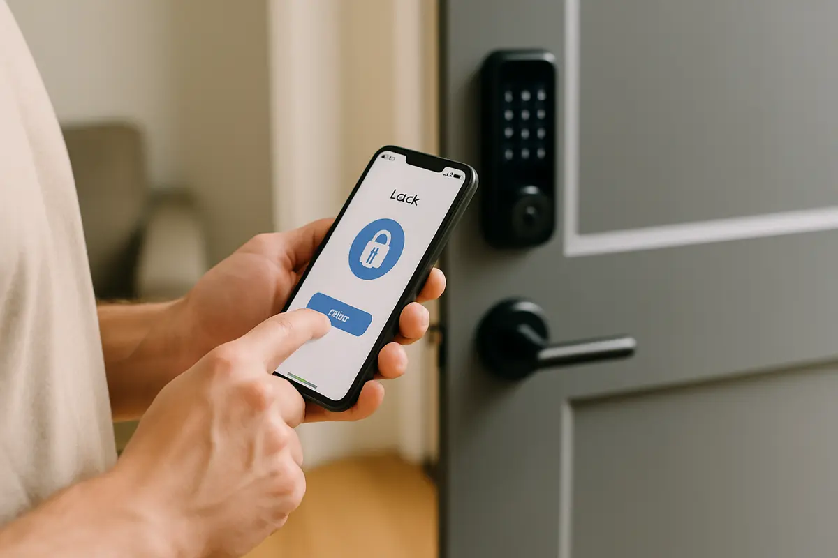 Pessoa usando smartphone para controlar fechadura digital em porta residencial moderna