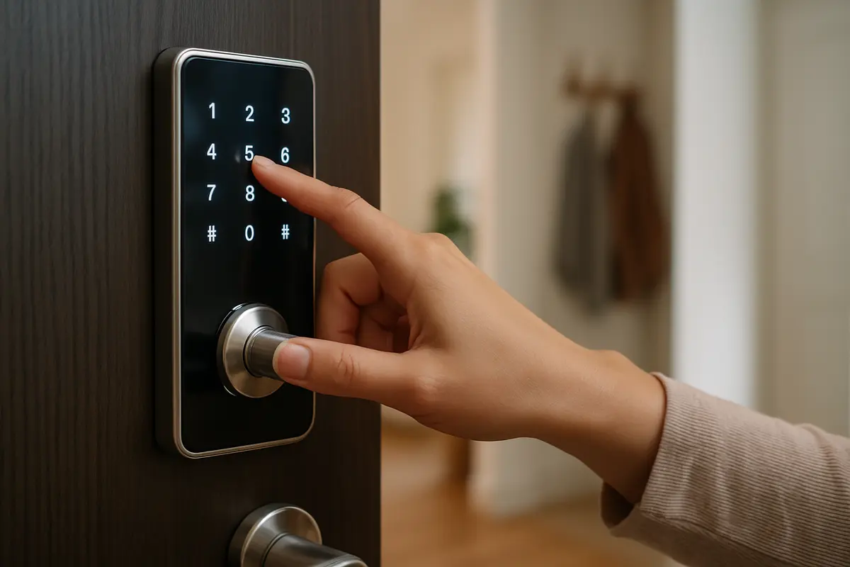 Mão feminina digitando senha em fechadura digital moderna na porta de casa