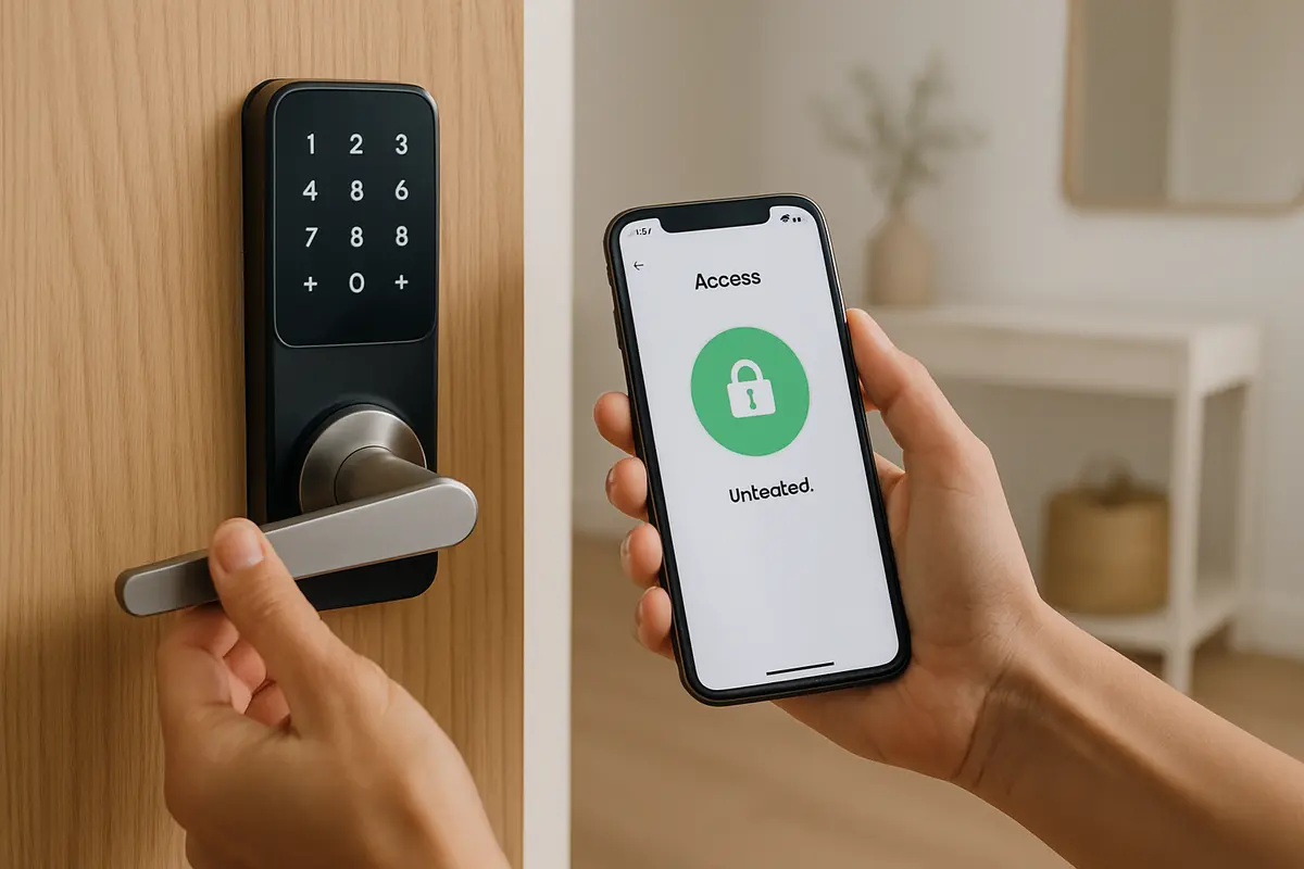 Mão feminina usando fechadura digital moderna em porta de madeira clara com celular aberto em aplicativo de controle de acesso