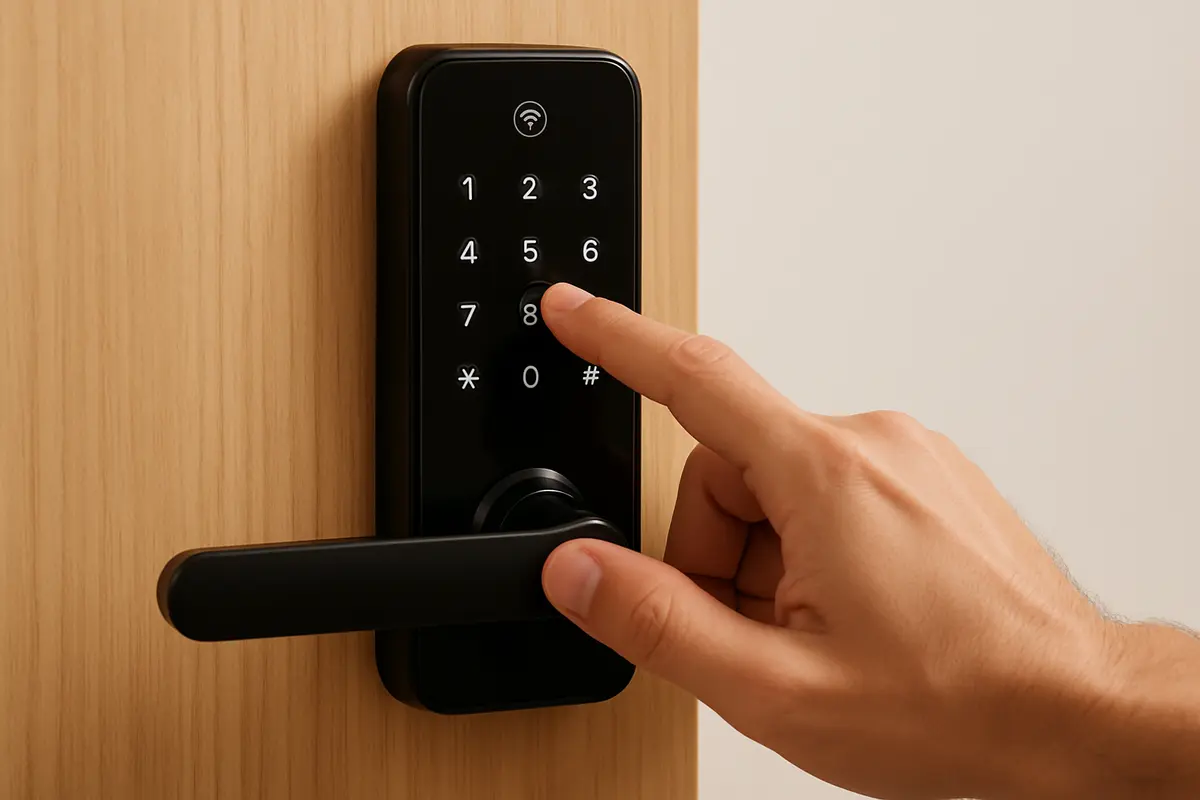 Mão humana tocando fechadura digital moderna instalada em porta de madeira