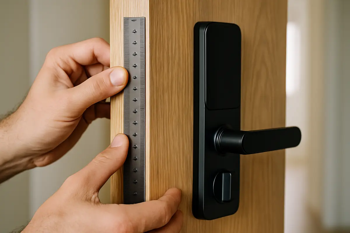 Mãos masculinas medindo a espessura de porta de madeira clara ao lado de fechadura digital preta parcialmente instalada