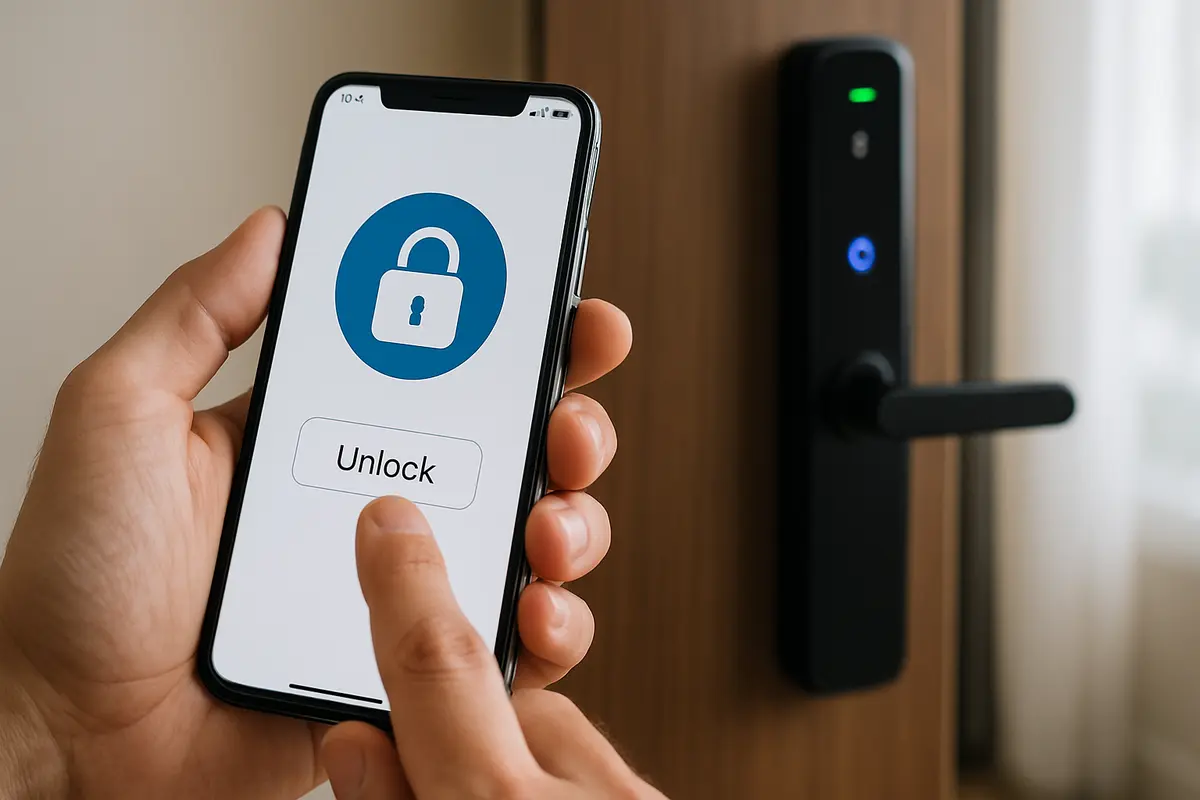 Mão adulta segurando smartphone com aplicativo de controle de fechadura digital em interação